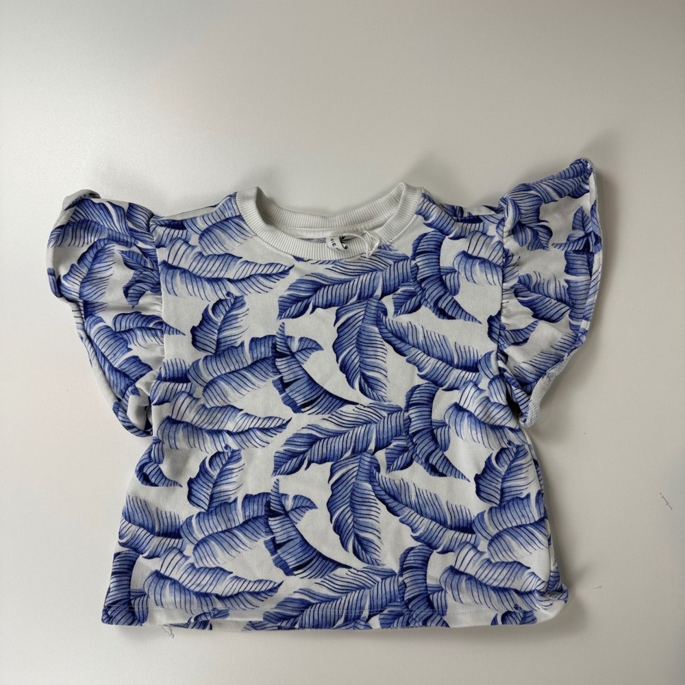 Janie and Jack Girls Size 8 Blue White Tropical Palm Leaf Ruffle Flutter Top